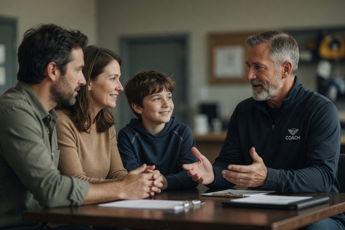A child and parents meeting with a coach to set goals